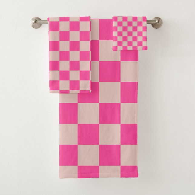 Check Coral Pink Chequered Pattern Chequerboard Bath Towel Set (Insitu)