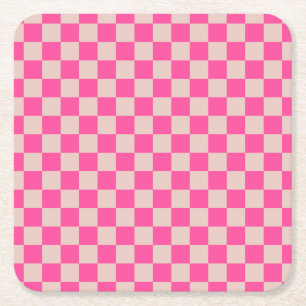 Check Coral Pink Chequered Pattern Chequerboard Square Paper Coaster