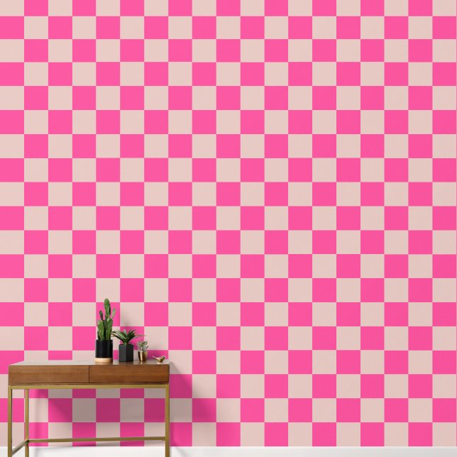 Check Coral Pink Chequered Pattern Chequerboard Wallpaper (Hallway)