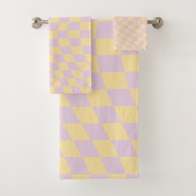 Check Lilac Yellow Chequerboard Chequered Pattern Bath Towel Set (Insitu)