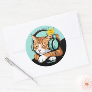 CHECK MEO Brown Cat with Headphones – Personalised Classic Round Sticker