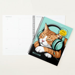 CHECK MEO Brown Cat with Headphones – Personalised Planner