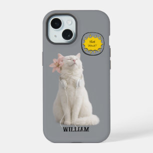 CHECK MEO White Cat with Headphones – Personalised iPhone 15 Case