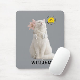 CHECK MEO White Cat with Headphones – Personalised Mouse Mat