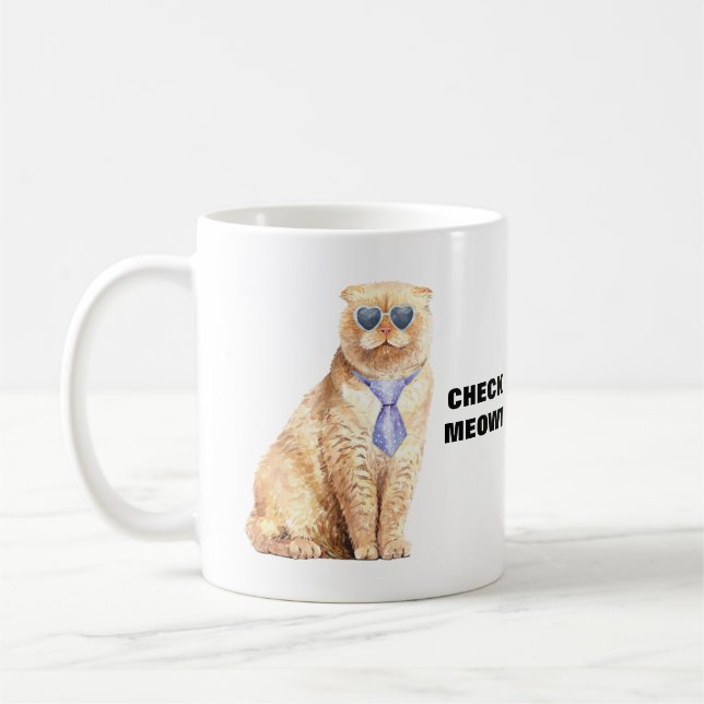 Check Meowt Cat with Sunglasses and Tie Funny Coffee Mug (Left)