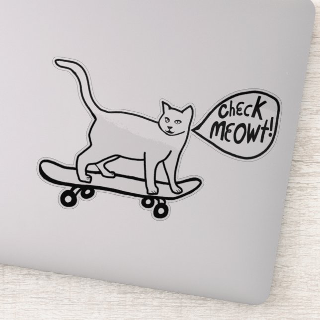 CHECK MEOWT! Cute Skateboarding Cat Black White (Detail)