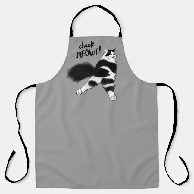 Check Meowt! Funny Black and White Cat Sploot Apron (Front)