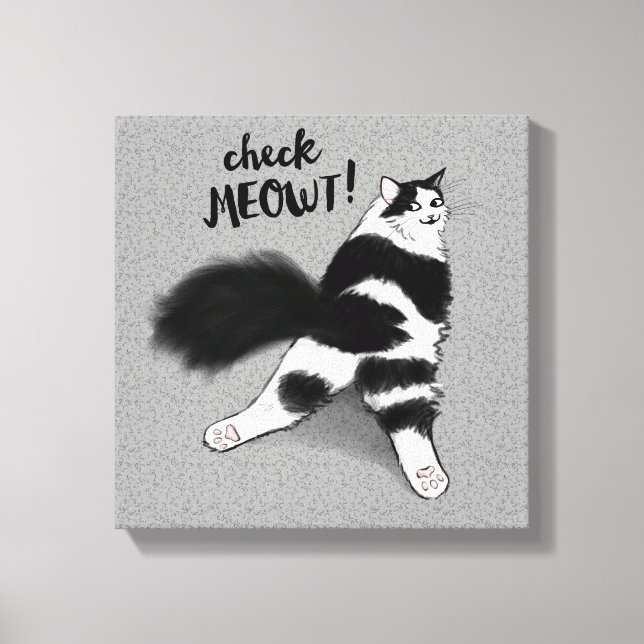 Check Meowt! Funny Black and White Cat Sploot Canvas Print (Front)