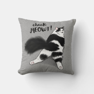Check Meowt! Funny Black and White Cat Sploot Cushion