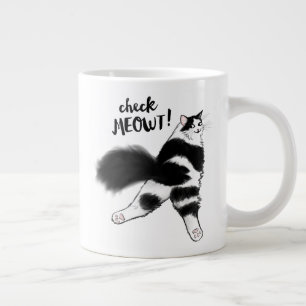 Check Meowt! Funny Black and White Cat Sploot Large Coffee Mug