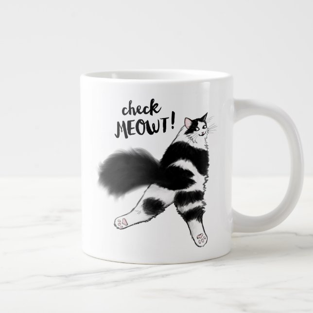 Check Meowt! Funny Black and White Cat Sploot Large Coffee Mug (Right)