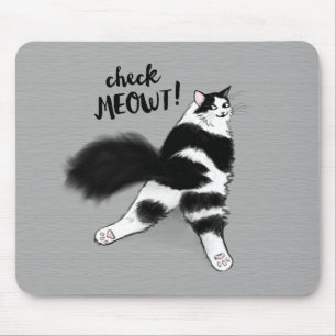 Check Meowt! Funny Black and White Cat Sploot Mouse Mat