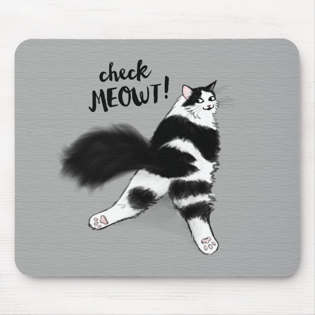 Check Meowt! Funny Black and White Cat Sploot Mouse Mat (Front)