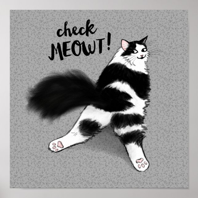 Check Meowt! Funny Black and White Cat Sploot Poster (Front)