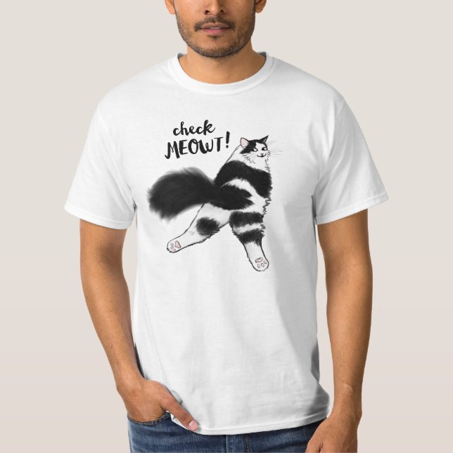 Check Meowt Funny Black and White Cat Sploot T-Shi T-Shirt (Front)