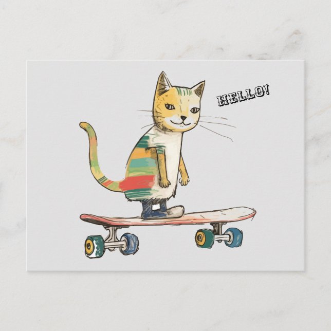 Check Meowt! Funny Cool Cat Skateboarding Postcard (Front)