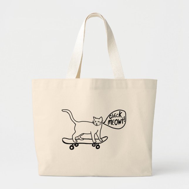 Check Meowt Punny Skateboarding Cat Black White Large Tote Bag (Front)