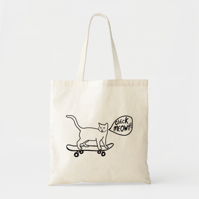 Check Meowt Punny Skateboarding Cat Black White Tote Bag (Front)