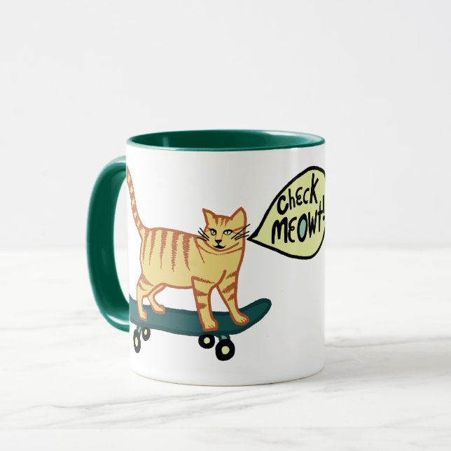 Check Meowt Punny Skateboarding Tabby Cat Mug (Front Left)
