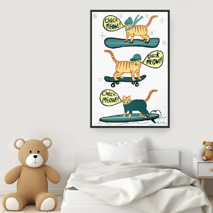 Check Meowt! Skateboard Surfer Snowboard Tabby Cat Poster