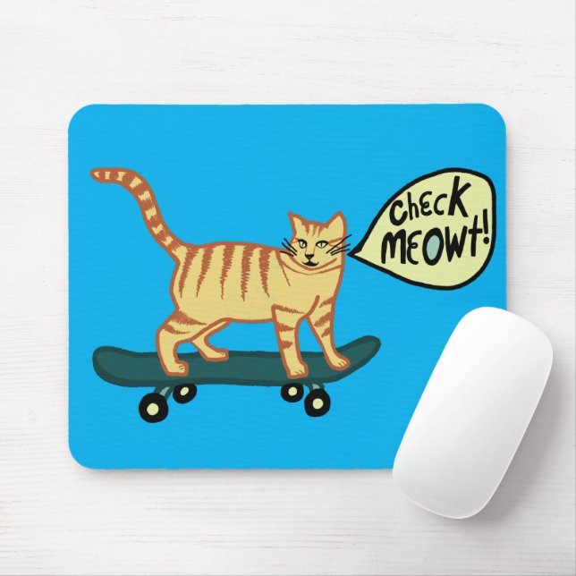 CHECK MEOWT Skateboarding Tabby Cat Blue Mouse Mat (With Mouse)