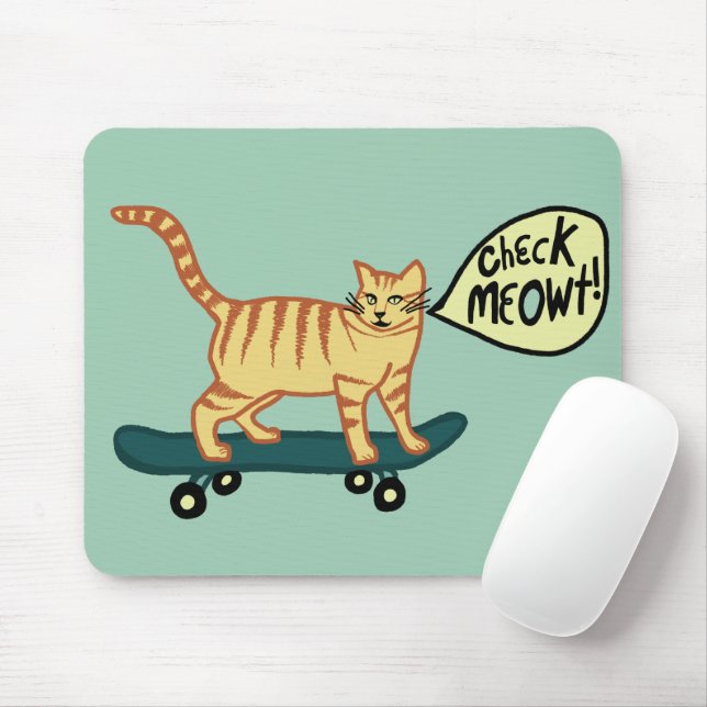 CHECK MEOWT Skateboarding Tabby Cat Green Mouse Mat (With Mouse)