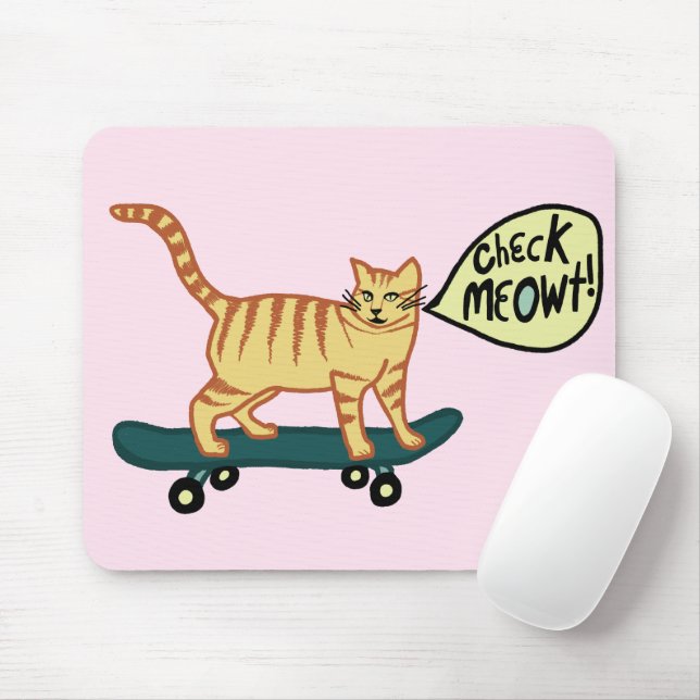 CHECK MEOWT Skateboarding Tabby Cat Pink Mouse Mat (With Mouse)