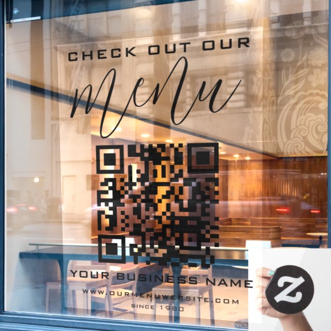 Check Out Our Menu Qr Code Black White Chic Modern Window Cling (Cafe Window)