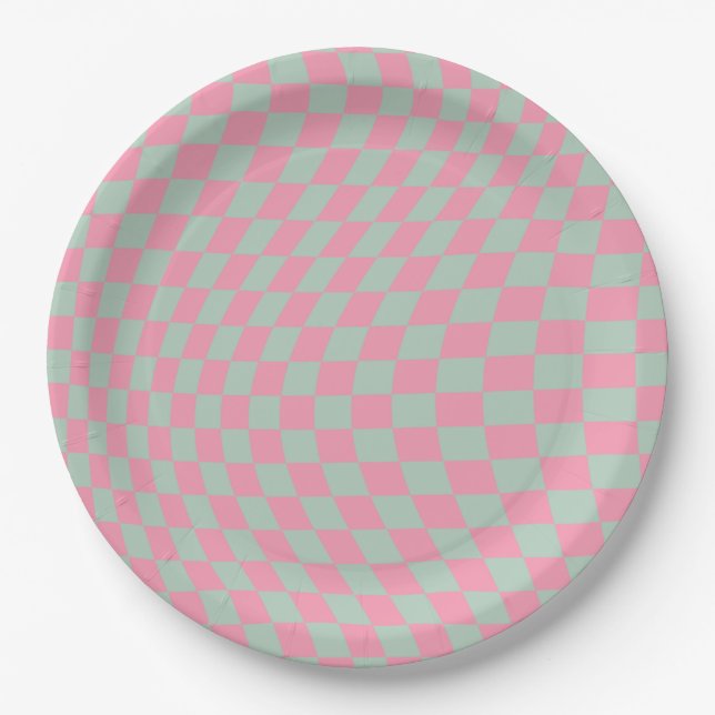 Check Pattern Mint Green And Pink Chequerboard Paper Plate (Front)