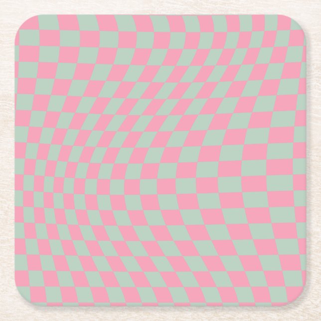 Check Pattern Mint Green And Pink Chequerboard Square Paper Coaster (Front)