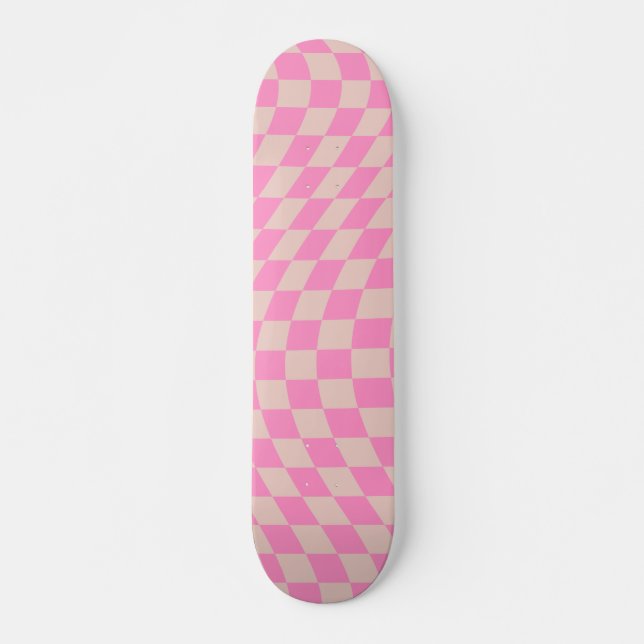 Check Pattern Peach And Pink Preppy Chequerboard Skateboard (Front)
