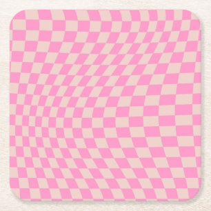 Check Pattern Peach And Pink Preppy Chequerboard Square Paper Coaster