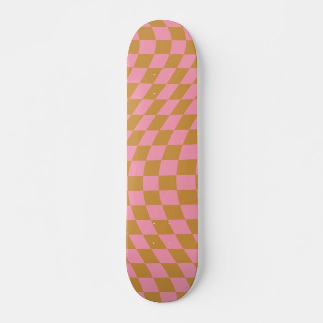 Check Pink Mustard Chequered Pattern Chequerboard Skateboard (Front)