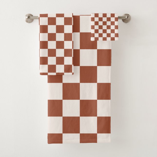 Check Rust Chequered Terracotta Chequerboard Bath Towel Set (Insitu)