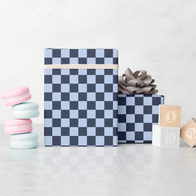 Check Soft Blue & Dark Blue - Wrapping Paper Roll (Baby Shower)