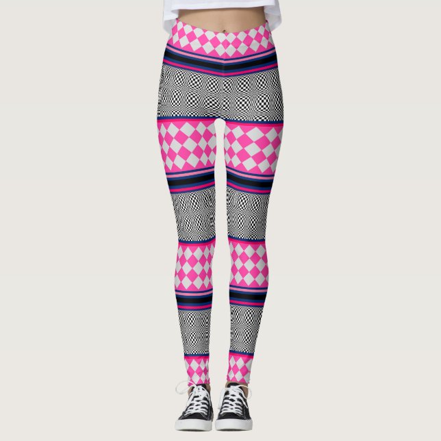 Check Stripes Harlequin Mixed Pattern Design Leggings (Front)