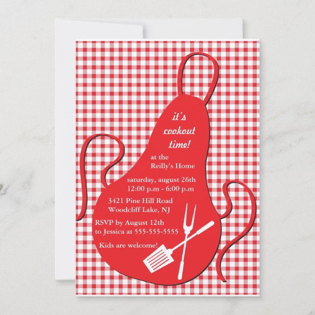 Check table cloth and apron - cookout party invite (Front)