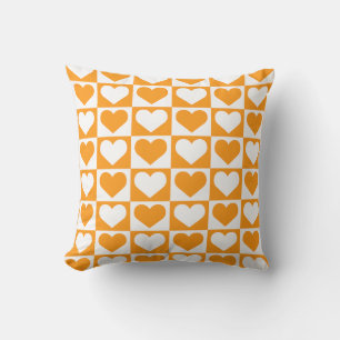 Checkboard Hearts Pattern - Orange and White Cushion
