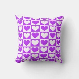 Checkboard Hearts Pattern - Purple and White Cushion