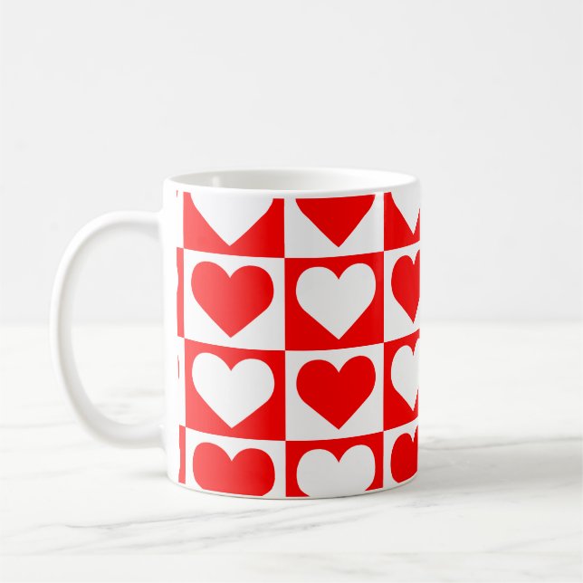 Checkboard Hearts Pattern - Red and White  Coffee Mug (Left)