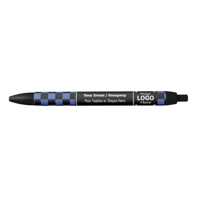 Checked Blue Company Logo: Fun Conference Giveaway Black Ink Pen (Front)