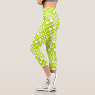  Checked, Checks - Lime Green and White Capri Leggings