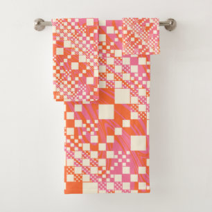 Checked, Checks - Pink, Orange and Cream Bath Towel Set