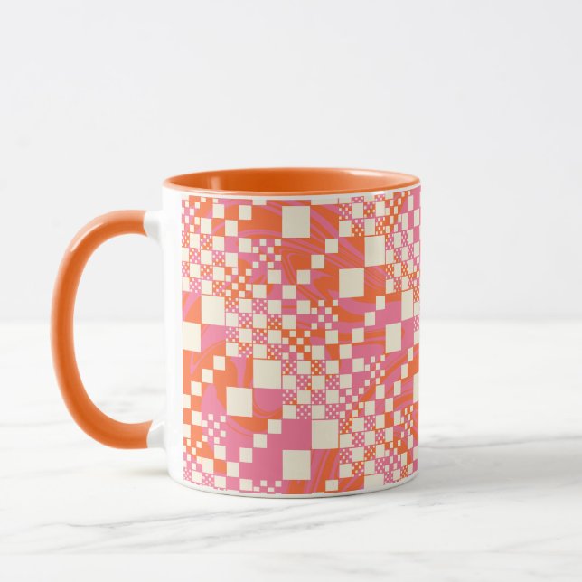 Checked, Checks - Pink, Orange and Cream Mug (Left)
