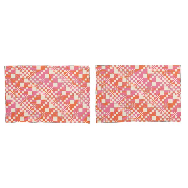 Checked, Checks - Pink, Orange and Cream Pillowcase (Front-Set)
