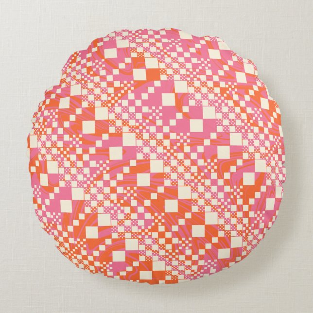 Checked, Checks - Pink, Orange and Cream Round Cushion (Front)
