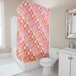 Checked, Checks - Pink, Orange and Cream Shower Curtain