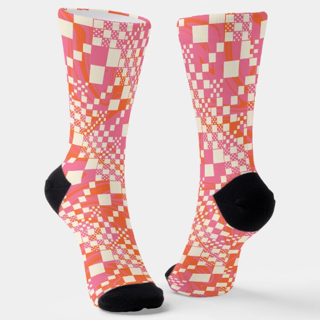 Checked, Checks - Pink, Orange and Cream Socks (Angled)
