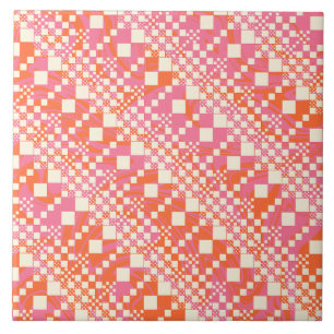 Checked, Checks - Pink, Orange and Cream Tile
