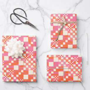 Checked, Checks - Pink, Orange and Cream Wrapping Paper Sheet
